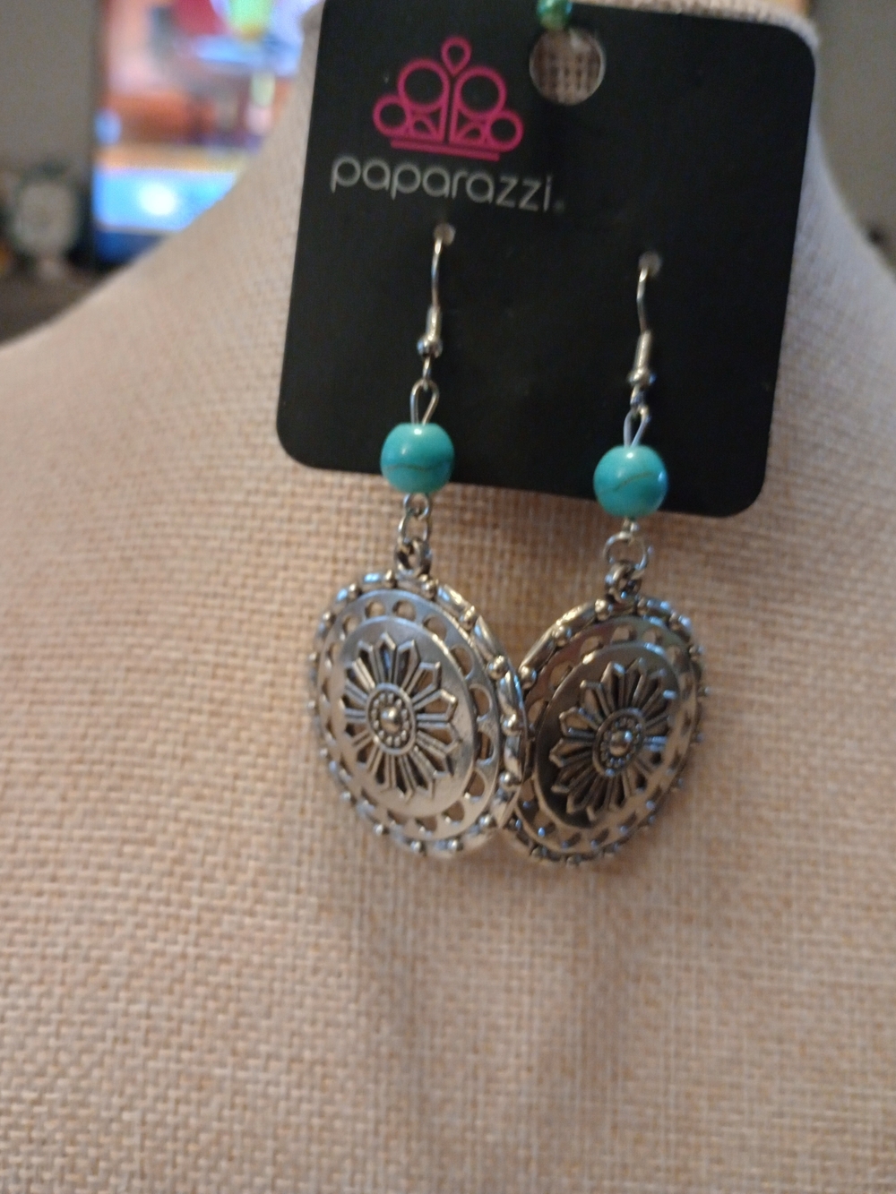 Paparazzi Silver Floral Medallion Earrings with Turquoise Beads